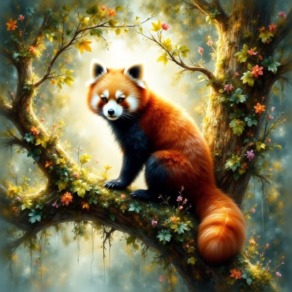 <lora:EtherealVisionsFlux:1.0> <lora:Dreamy Enchantment:1.0> a red panda sit in a tree   by @Chalipo