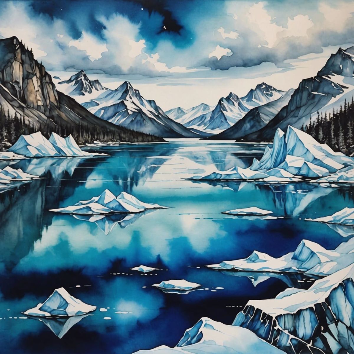 Realistic Alcohol Ink Painting Featuring A Frozen Seascape - Ai 