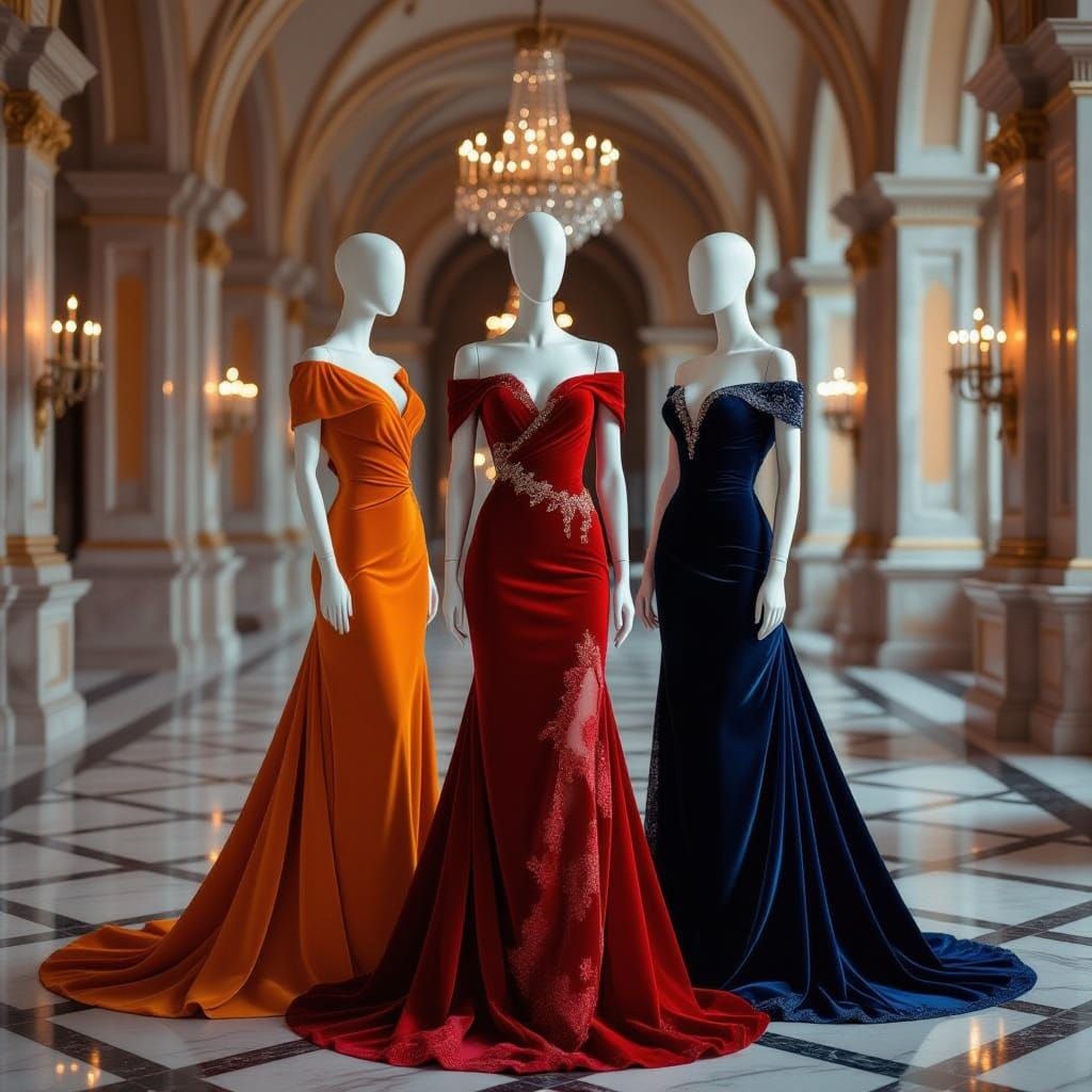 Elegant Mannequins in a Candlelit Palace Hall