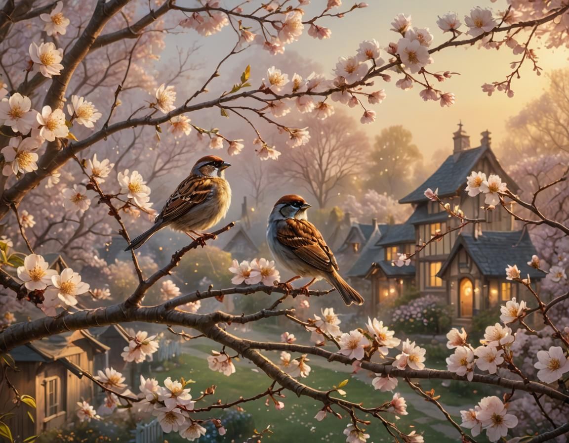 sparrows on a blooming cherry tree AI Generated Artwork NightCafe