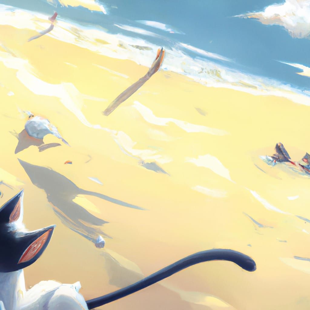 Cat on Beach in Ghibli Anime Style