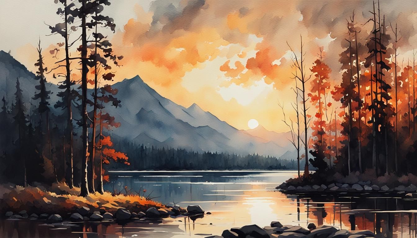 Golden Hour Lake: A Watercolor Matte Painting