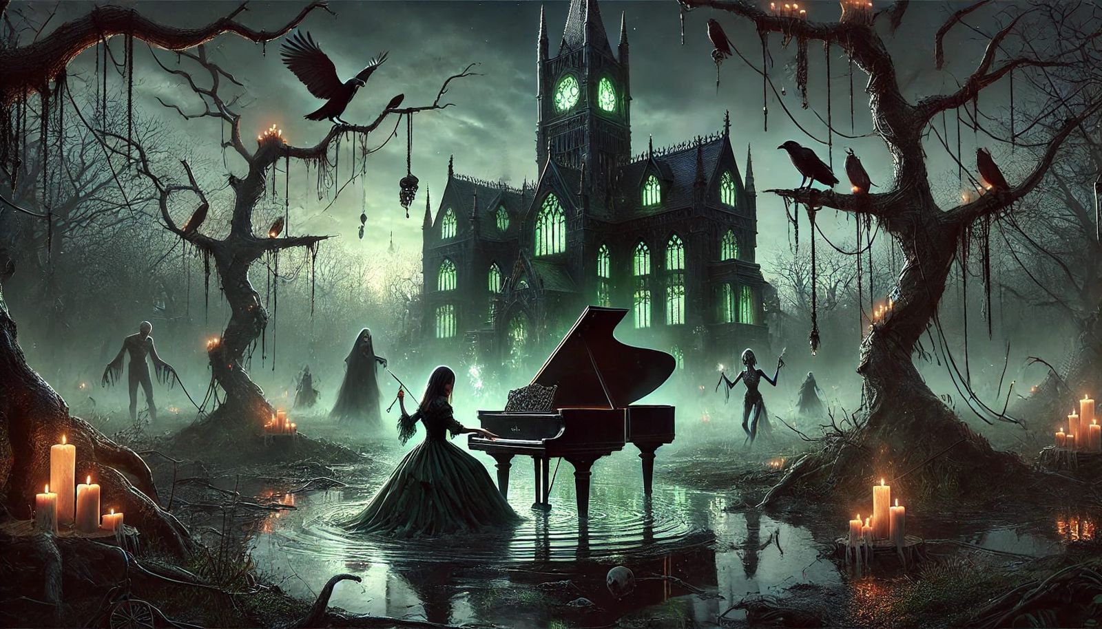 A gothic witch playing a grand piano in front of her dark, ornate manor. The scene is illuminated by a pale moonlight, w...