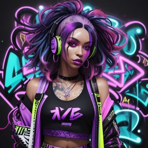 Hip Hop Girl Portrait in Neon Graffiti Style