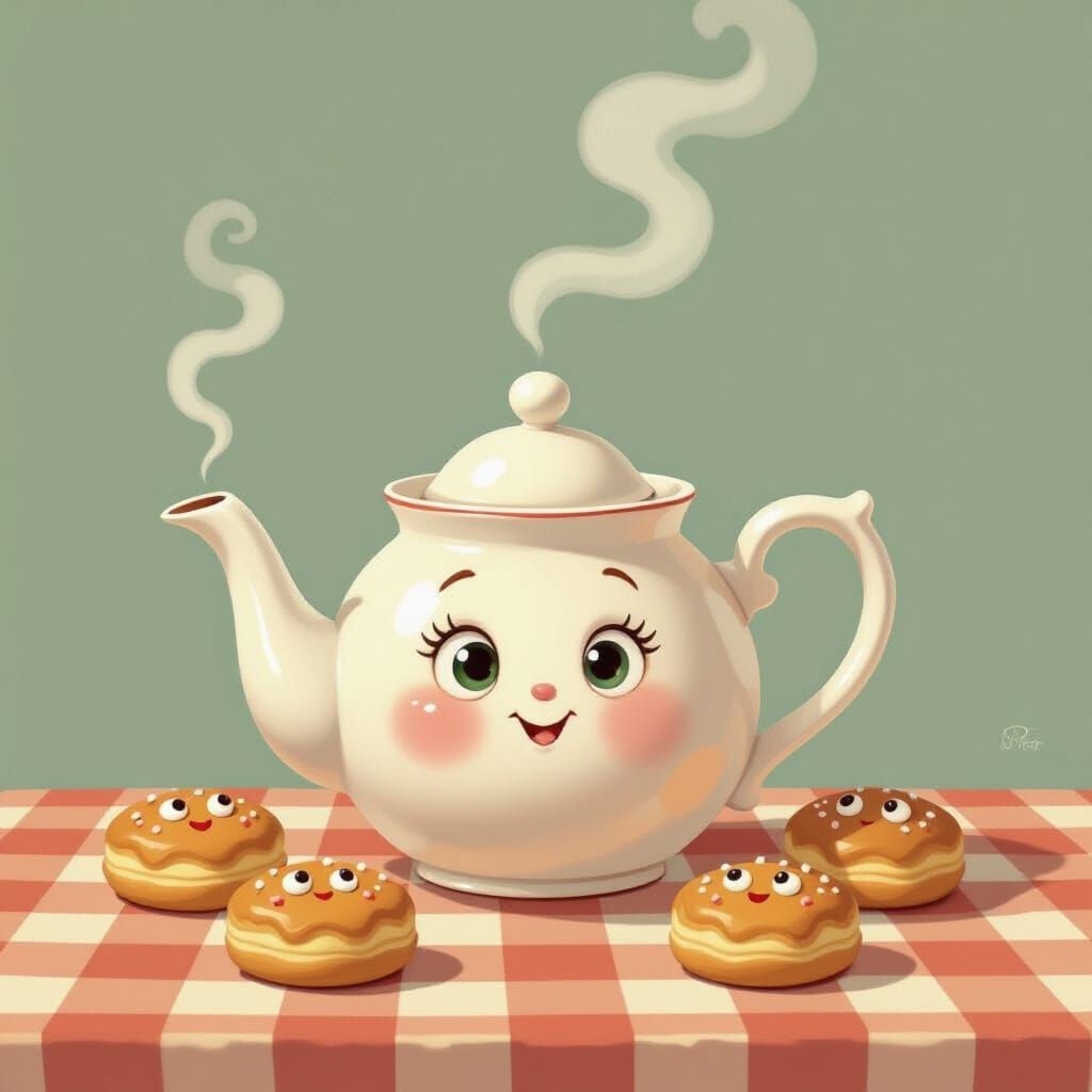 A whimsical, anthropomorphic teapot with a chipped spout and a perpetually surprised expression sits ...  by @SicklyKnight