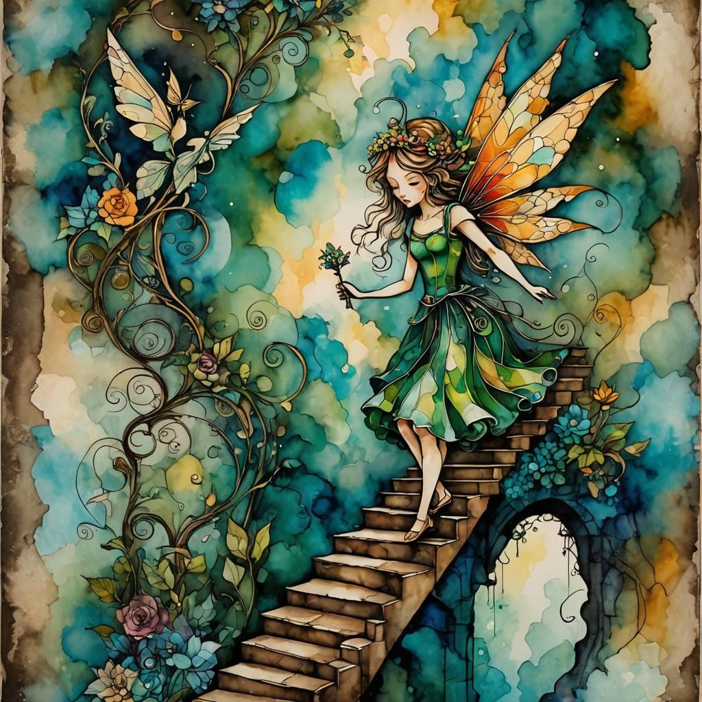 Fairy Climbs Magical Stairs in Cubist Style