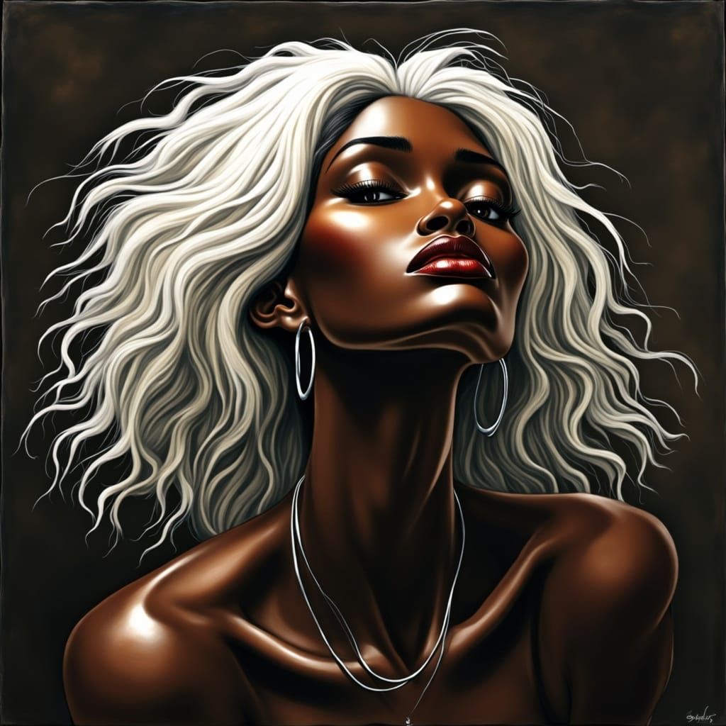  <lora:MarvModel:1.0>

ILLUSTRATION beautiful DARK SKINNED BLACK woman carved with light and shadow, her flawless skin. Her platinum hair ca...