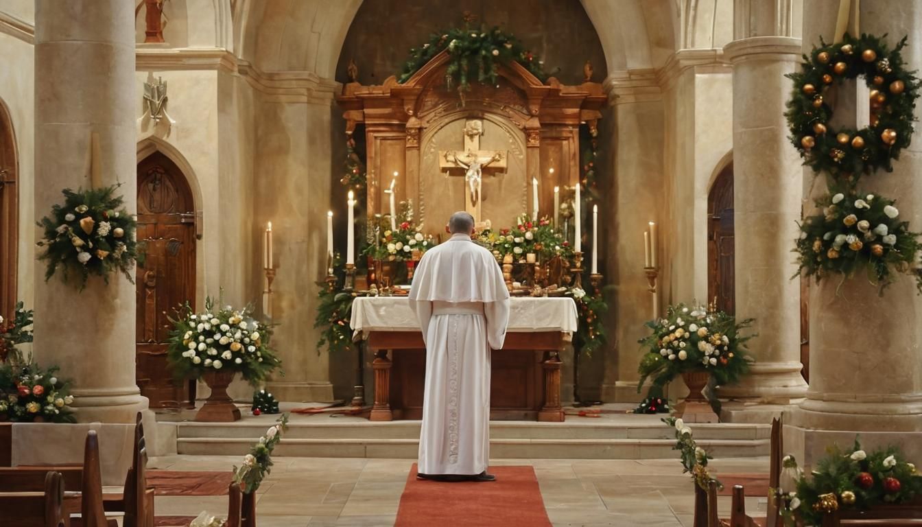 A cozy church interior during a Christmas service, with wreaths hanging from tall stone columns, flickering candlelight, and red and green r...