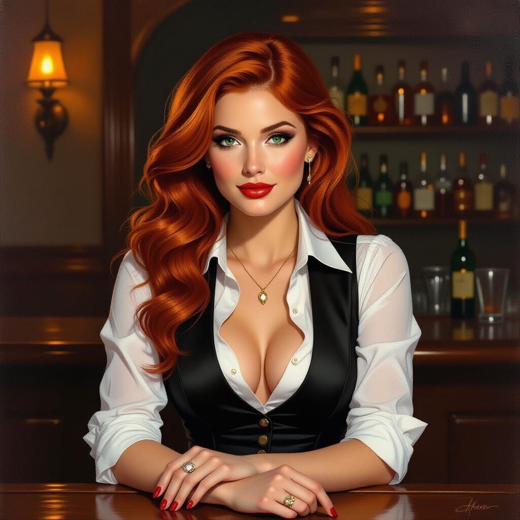 Woman with Flaming Hair in American Country Bar