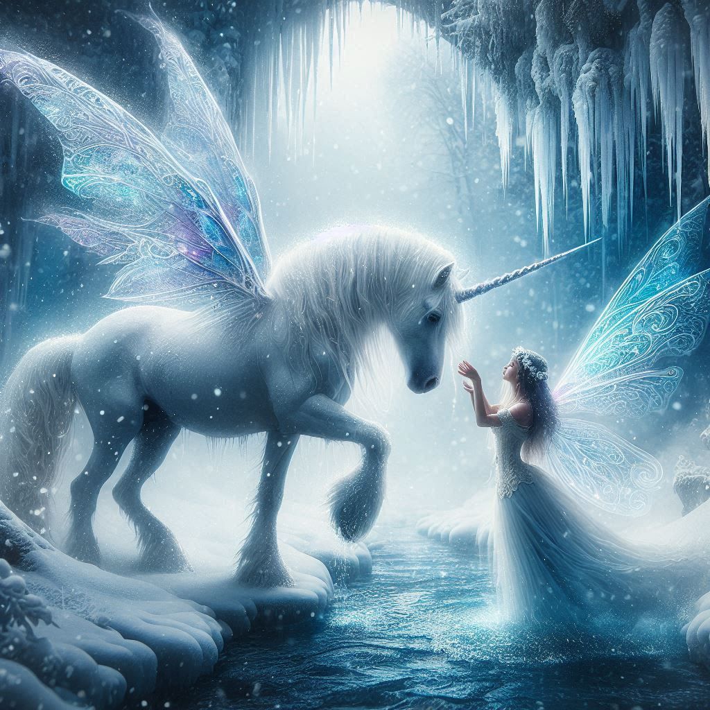 Mystical unicorn and faerie in snow storm