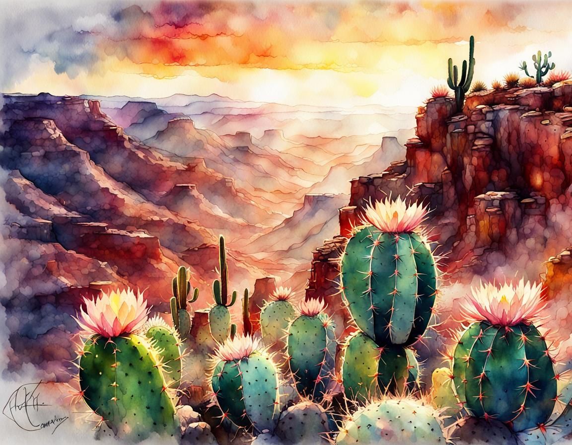 Flowering cactus, Great canyon , sunset, watercolor, splash art effect, Magical luminescent sparkles ...  by @Sparkfire