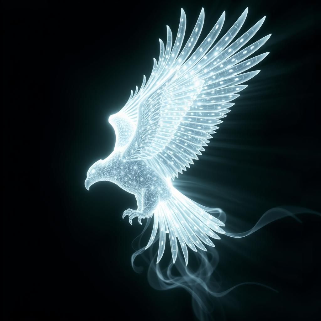 A glowing eagle formed from white beams of light, leaving trails as it moves  by @Da-Li-Nay