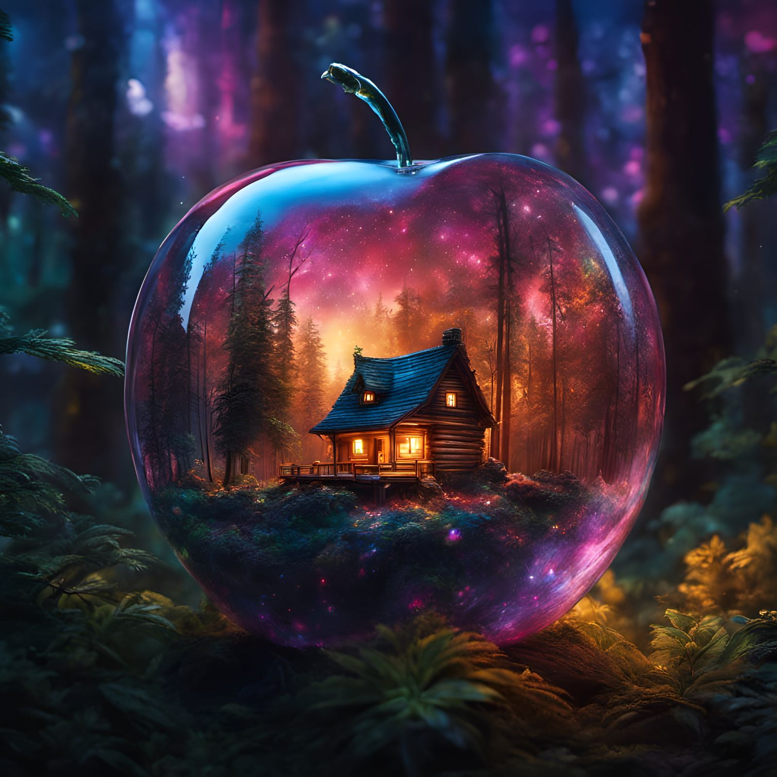 Enchanted Night: Log Cabin in a Glass Apple  by @NewAgerJul