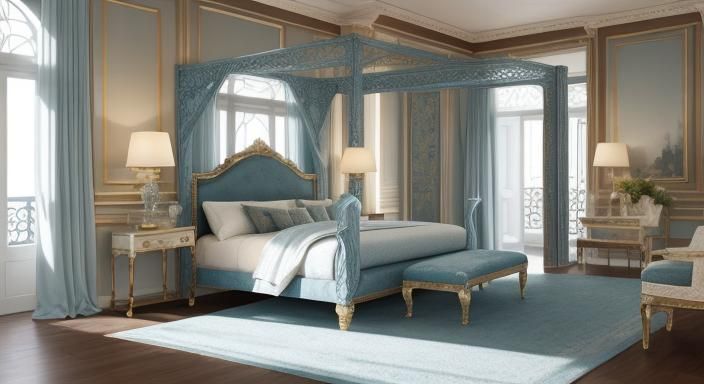 A sunny open bedroom in a Greco-Roman design . Large bed wit...