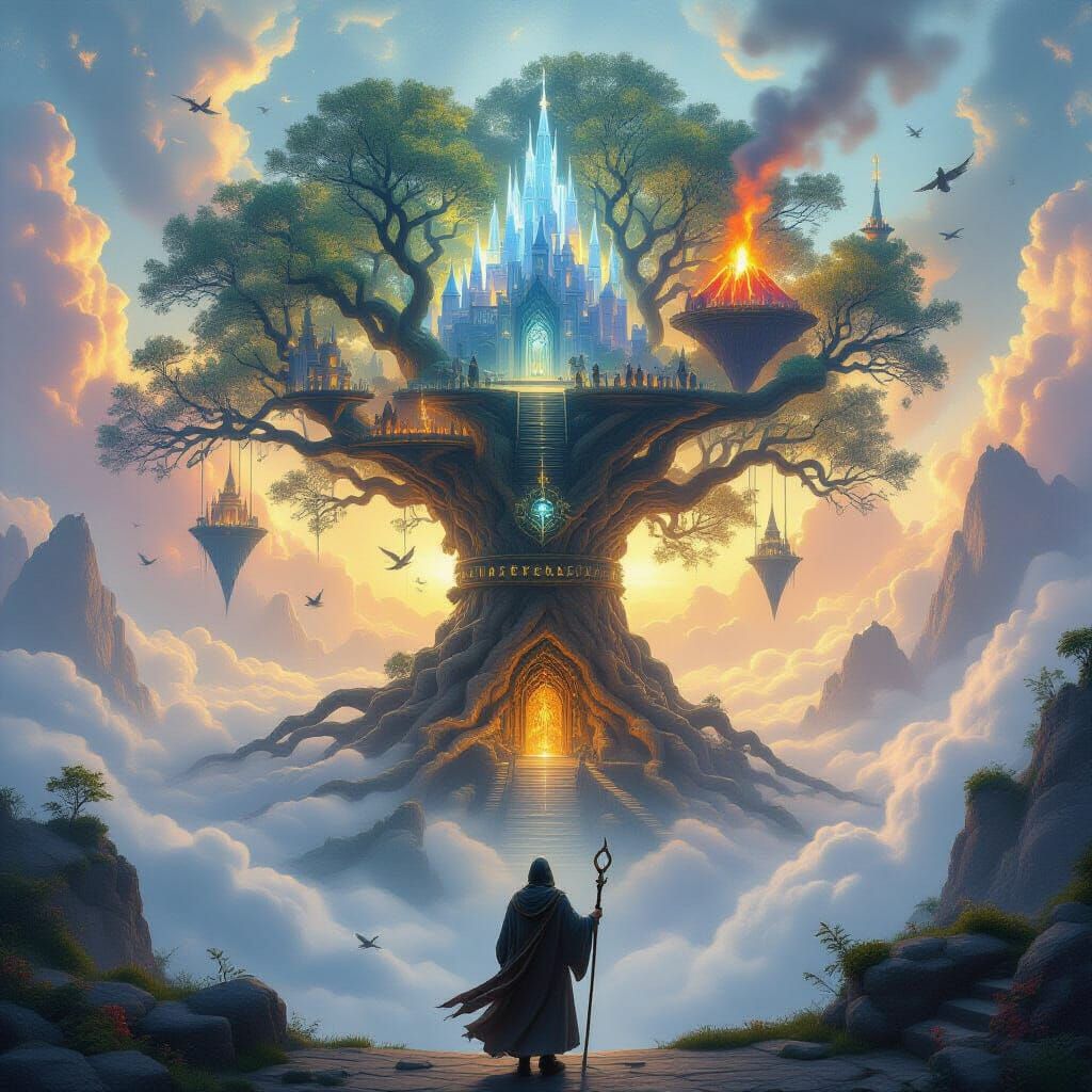 "The Tree of Worlds in the Fog"

In the middle of the endless ocean of fog, a giant tree rises, so huge that its branches are lost in the sk...