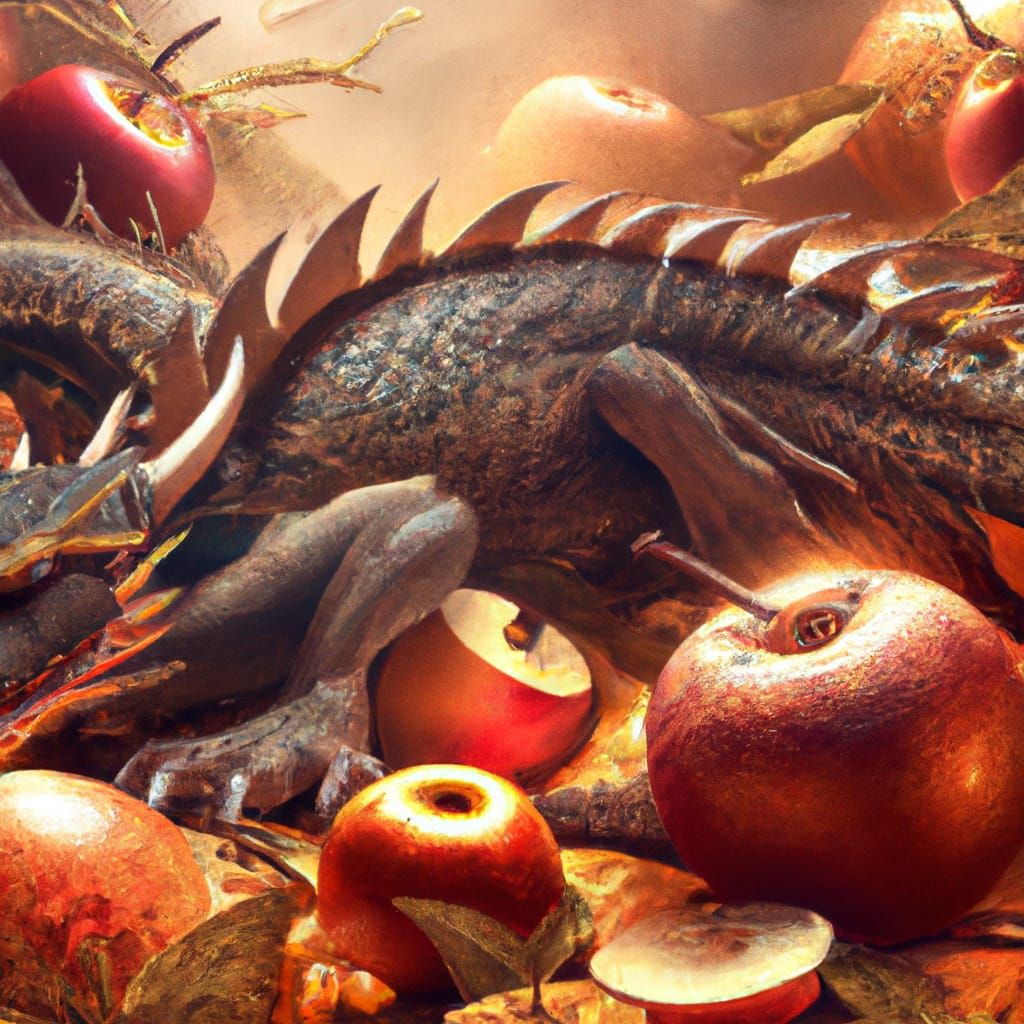 Autumn dragon lies among the fruits