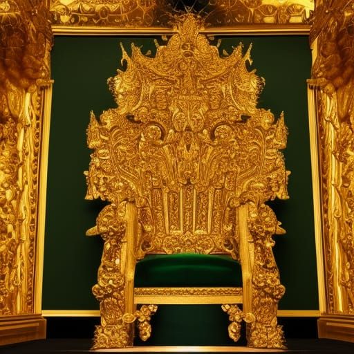 A golden throne in a dark green throne room