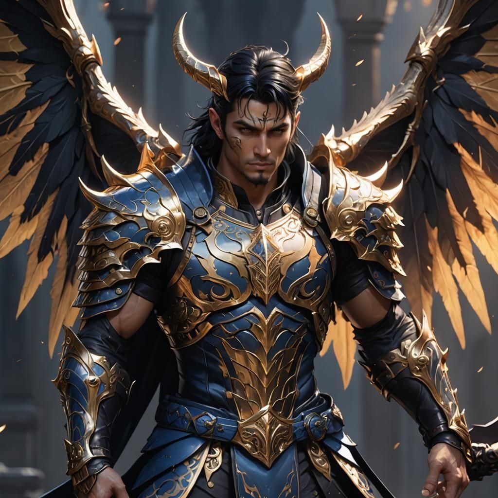 Sleak algile high fae male, classically beautiful, but unreadable. He is tall, with dark hair, golden skin, chest covered in tribal swirling...