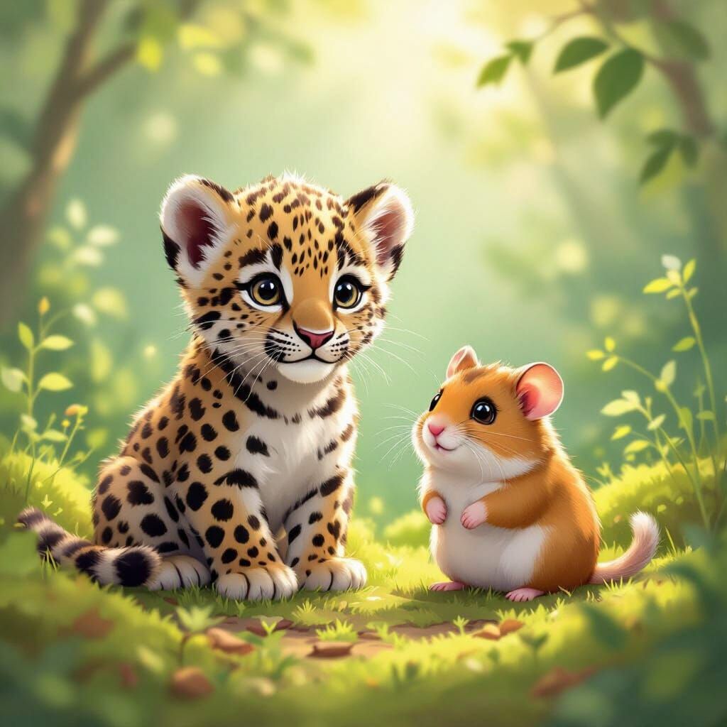 Leopard Cub and Hamster in Sunlit Forest Clearing