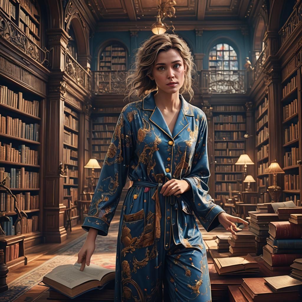 lady confused in a library in pajamas