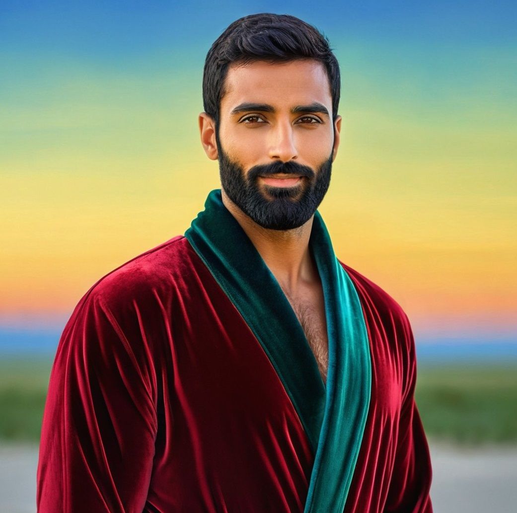 A handsome hirsute and bearded young man with   black    hai...