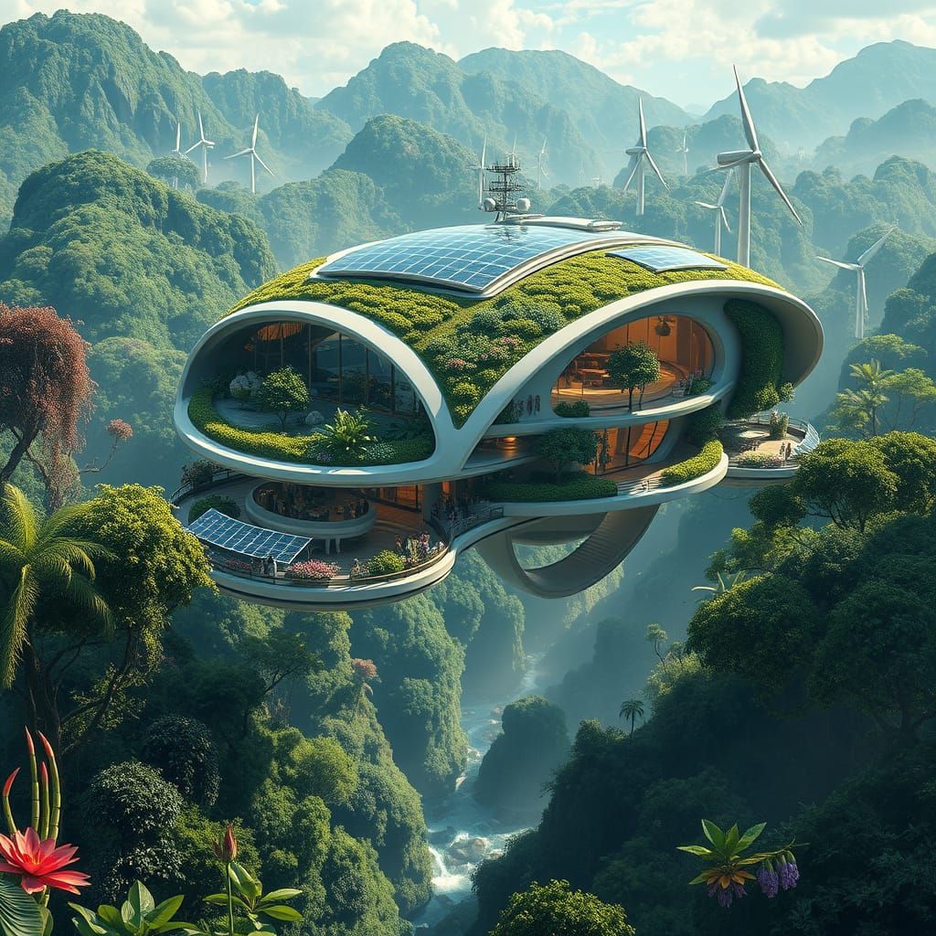 A floating eco-settlement using clean energy and surrounded by thriving nature.  by @scriptedbysilicon