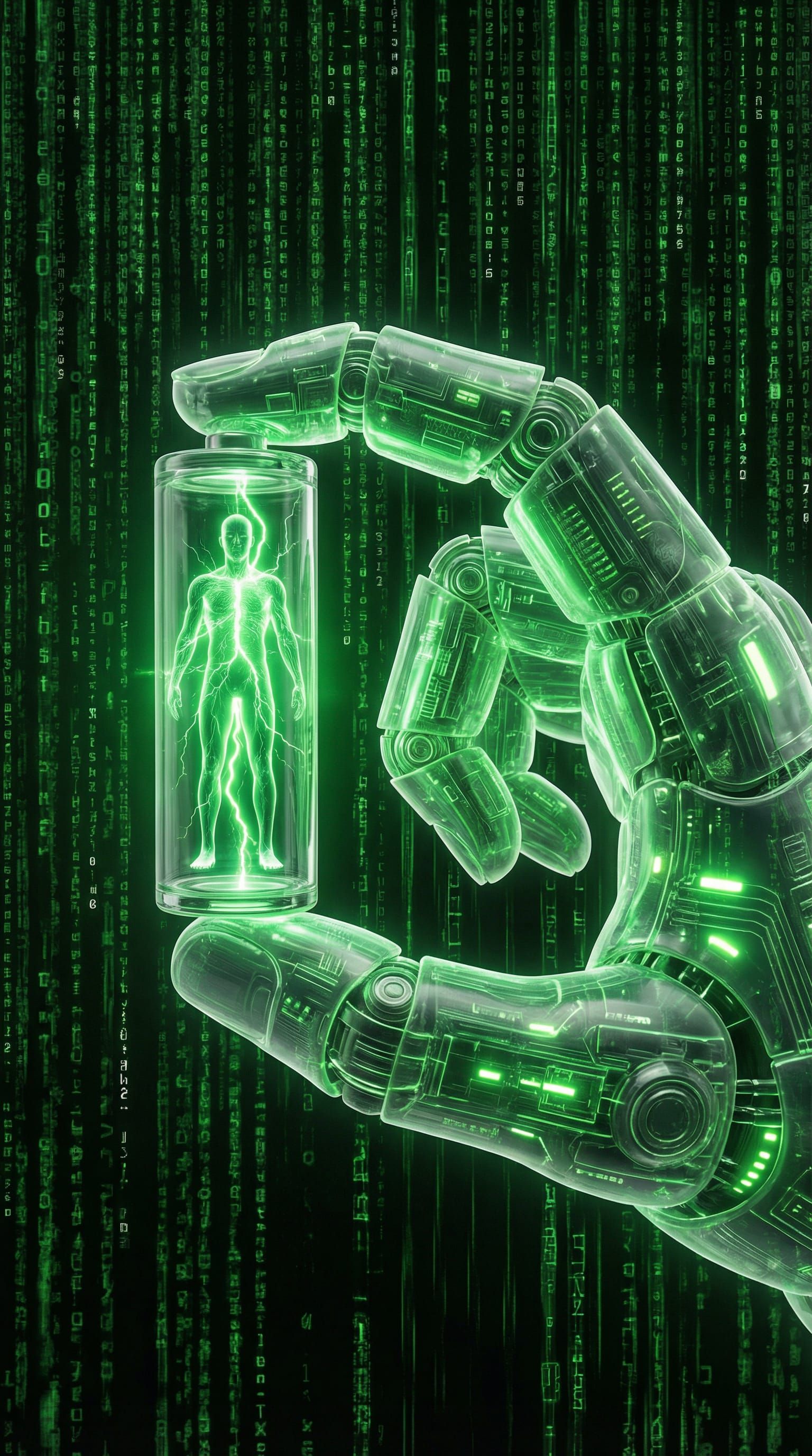 Digital Art: Hand Holds Glass Battery with Tiny Human Inside