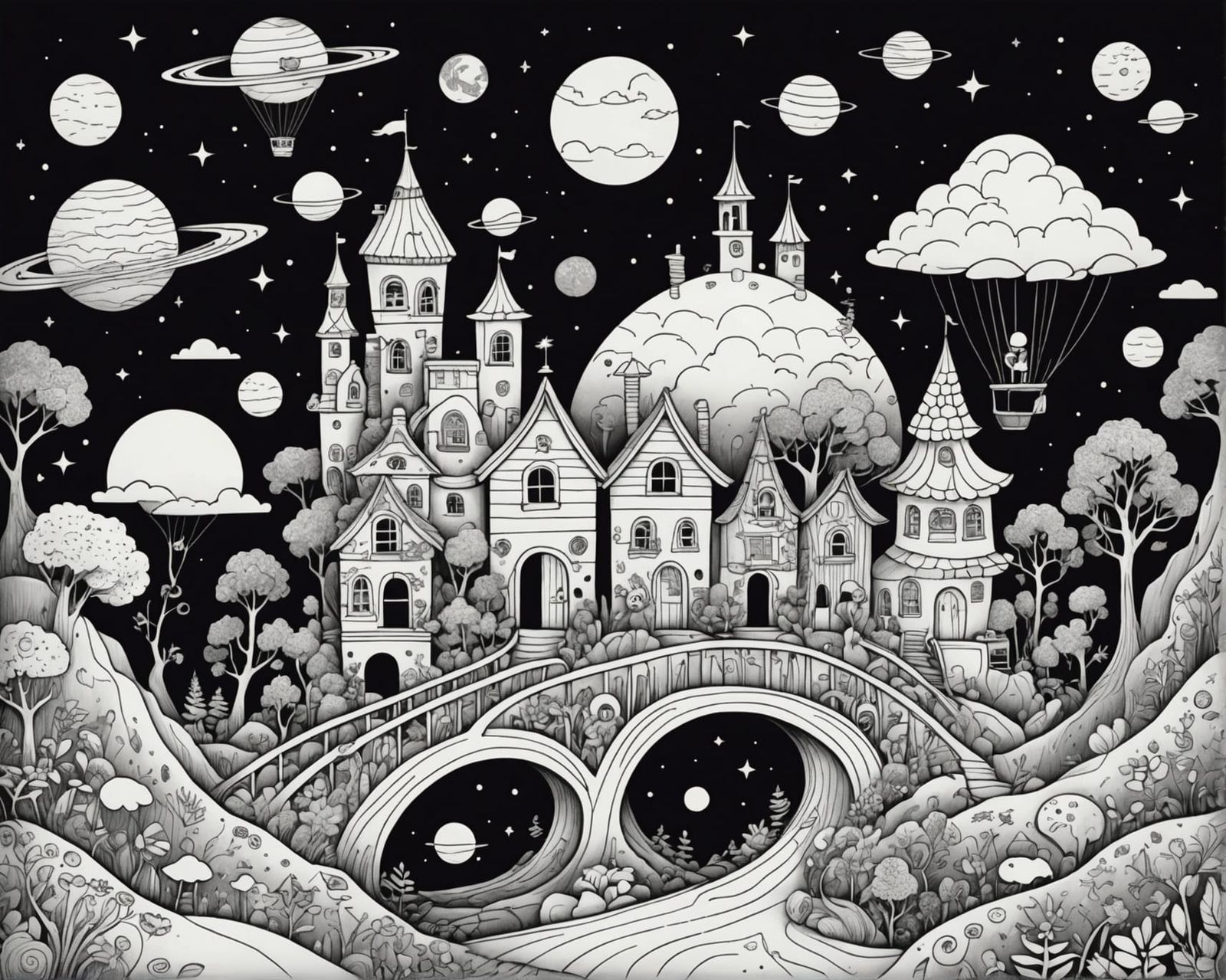 Create a whimsical collection of interconnected doodle worlds floating in space, featuring hand-drawn ...  by @earlstringerjr