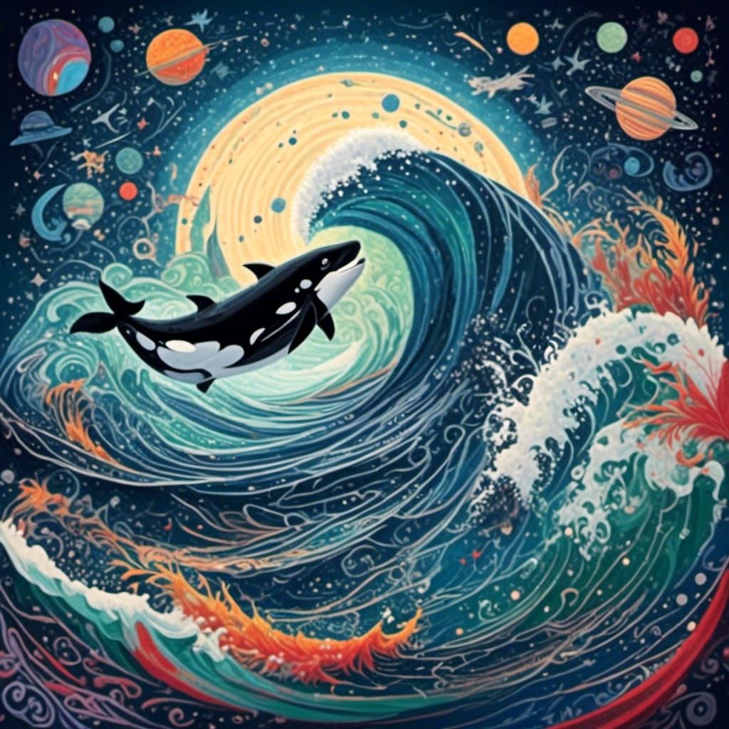 <lora:Peppermint Snow:1.0> Killer whale on a tidal wave in outer space 