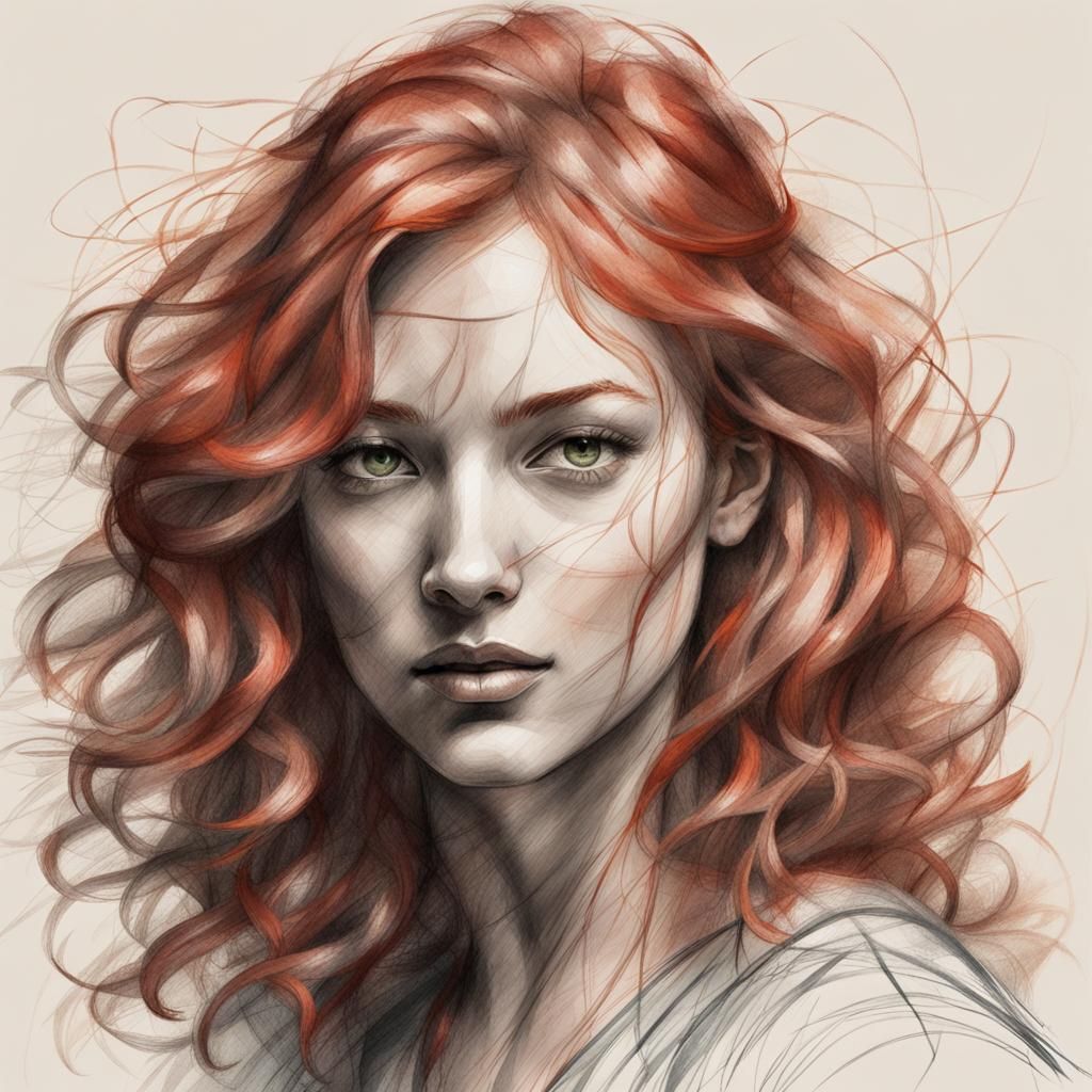 make a pencil drawn sketch of a girl  red hair, likely with some natural waves or curls that bounce with her movements. 3ds Max pencil sketc...
