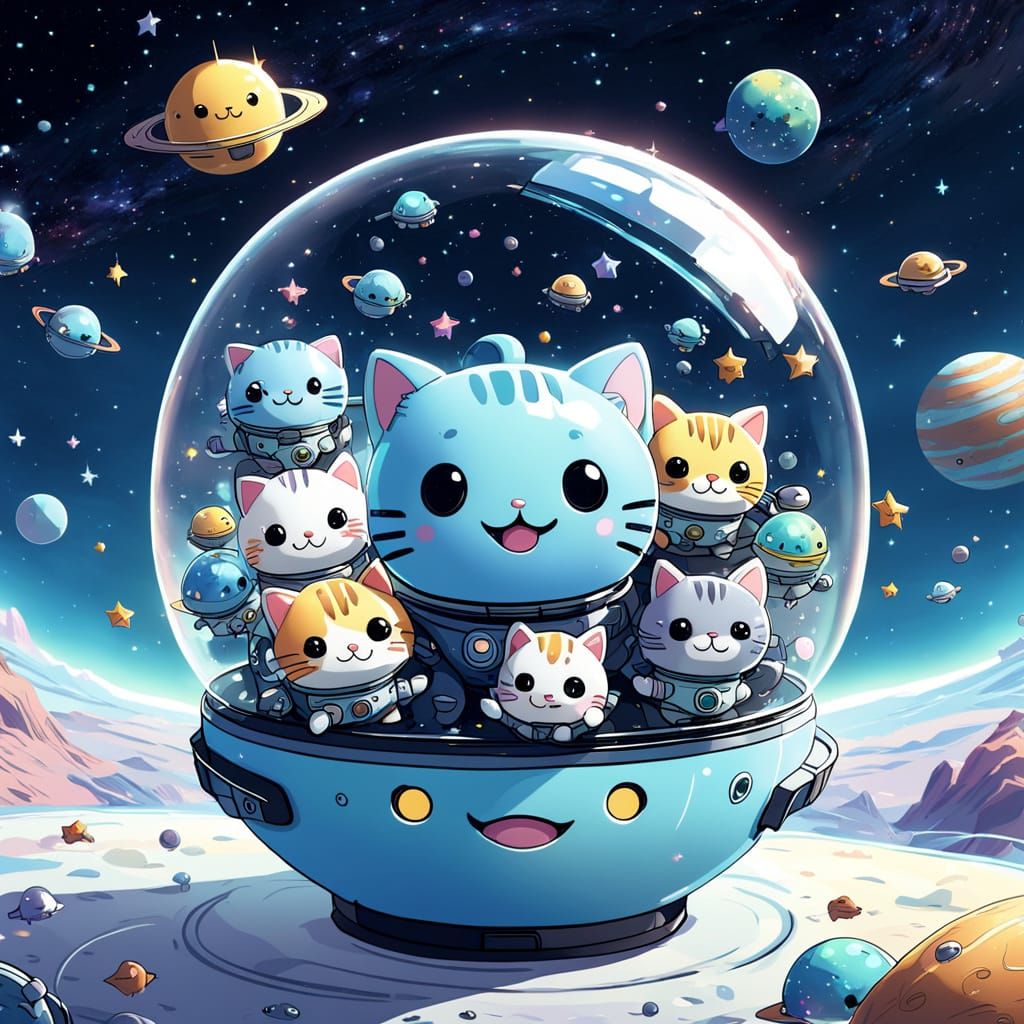 A smiling pastel blue planet with tiny cat astronauts   by @Gaby