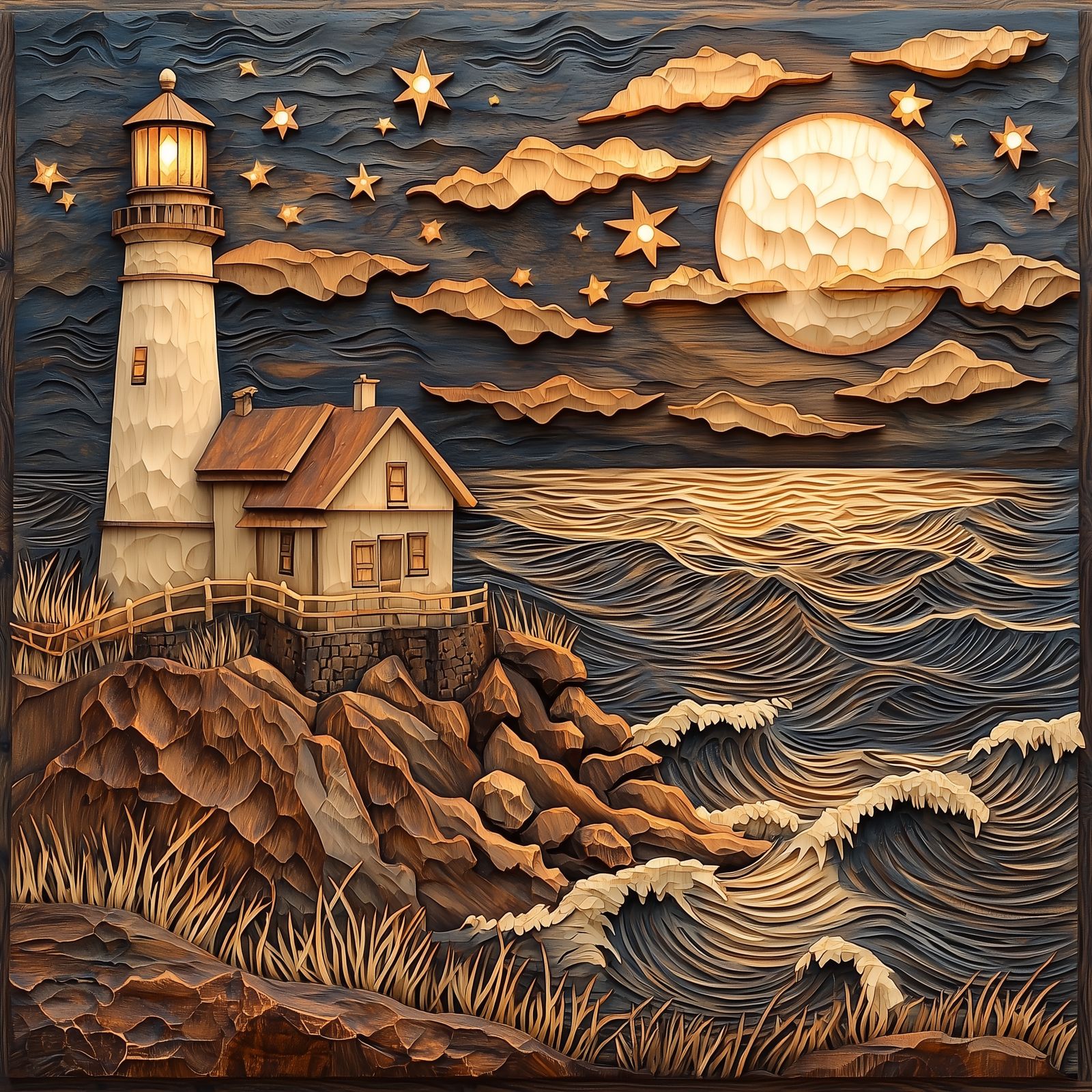 Lighthouse Carved Wood Art Scene