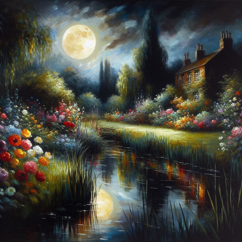 Impressionistic English Garden Under a Full Moon