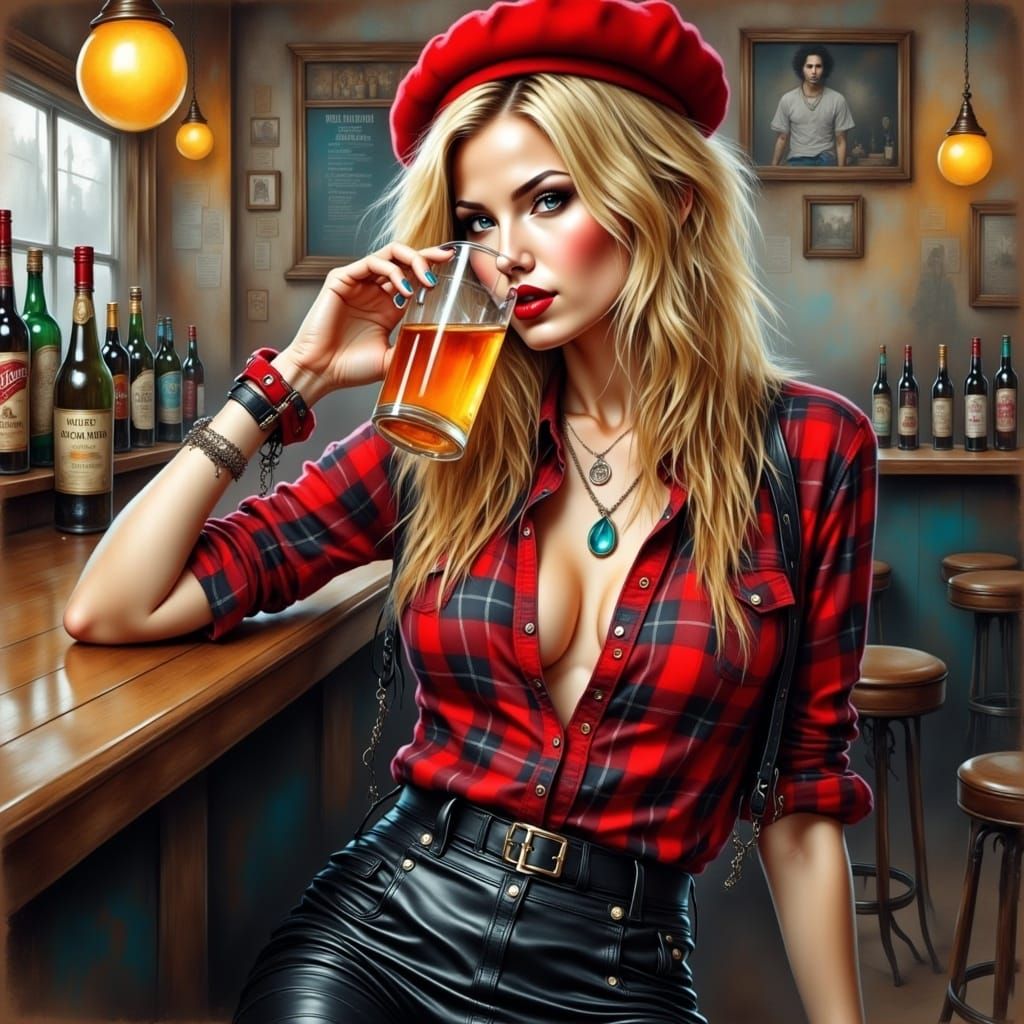 <lora:GrungeFlux:1.0> full portrait of stunning woman , red beret, leather skirt, red plaid shirt , blond messy hair in bar, drinking water,...