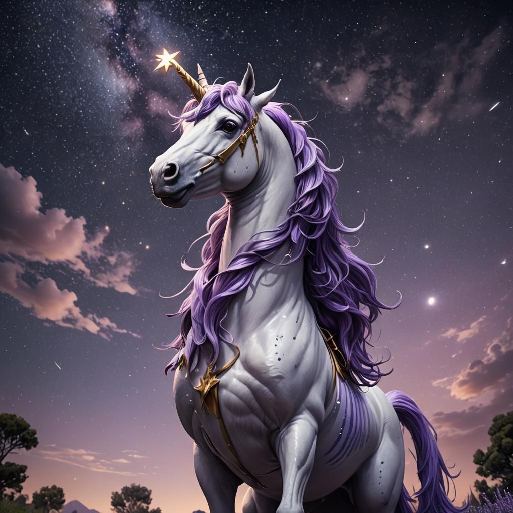 Lavender unicorn with white and purple striped hair, silver stars on ...