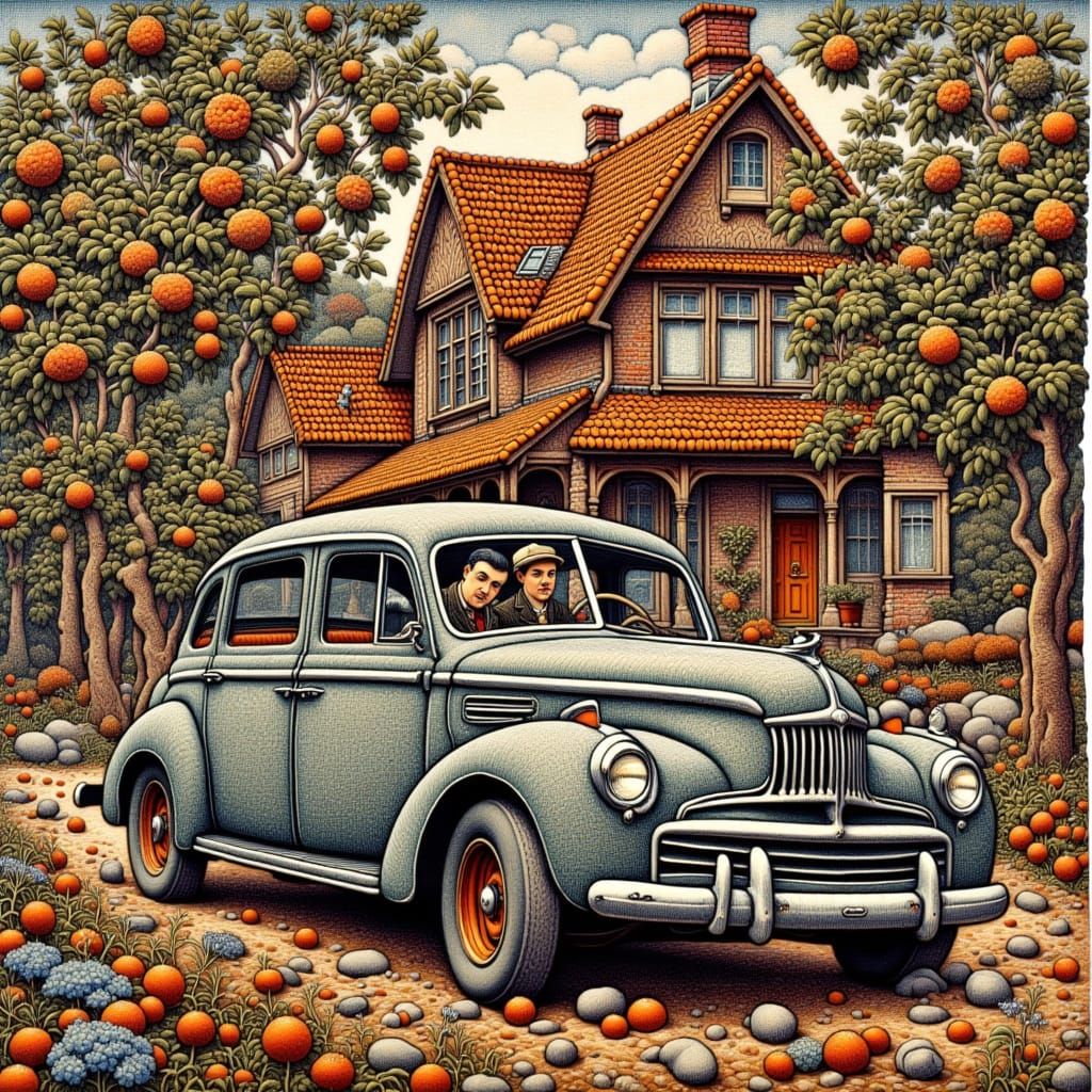 <lora:flat:1.0> flat image hyper detailed sketch old Studebaker car made of jacquard near house made of jacquard. Primitivism, comical, hype...