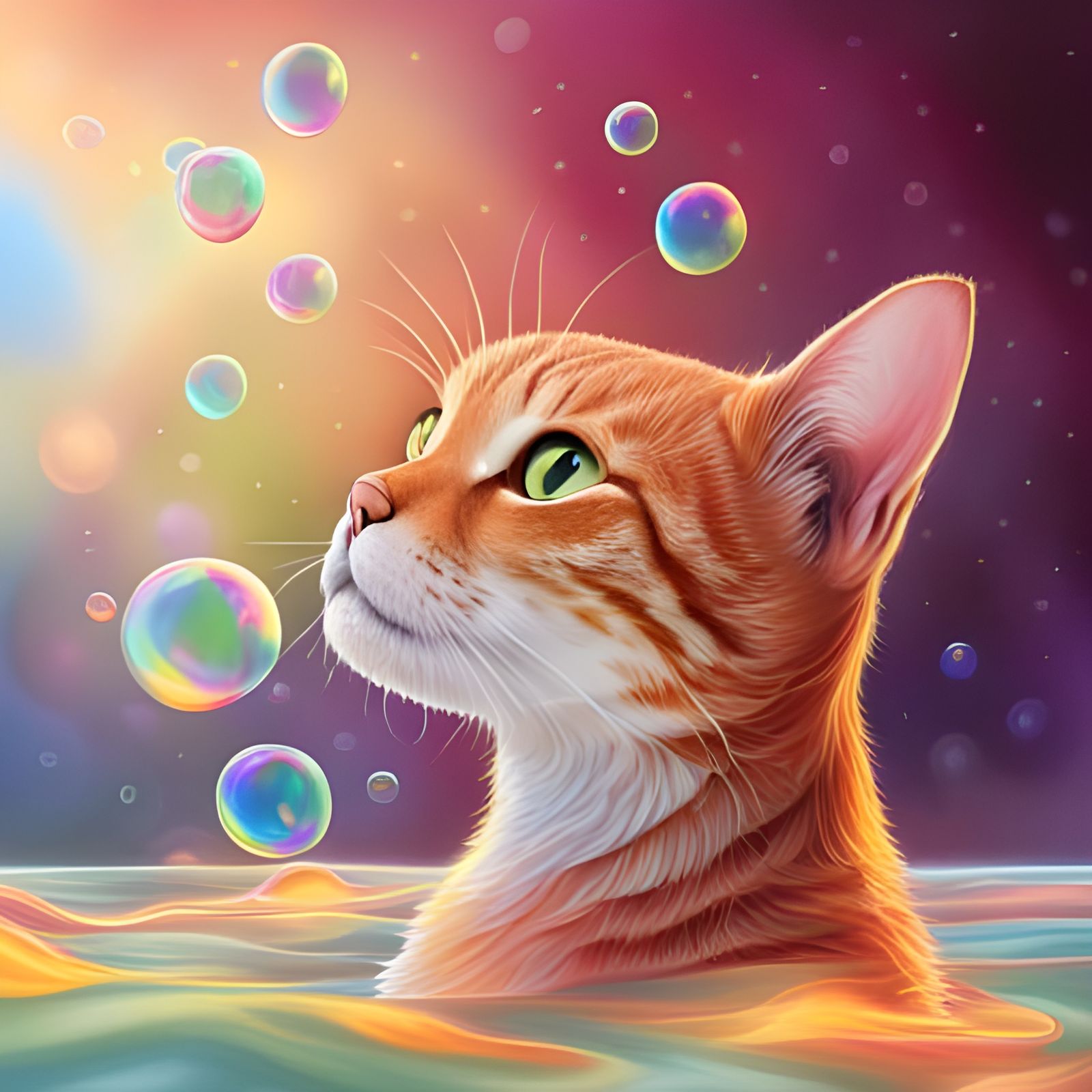 An adorable cat in a colorful bubble bath  by @one