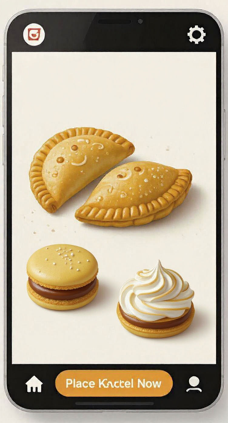 "Instagram Story layout featuring a clean and vibrant background, with realistic food photography or high-quality illustrations of empanadas...