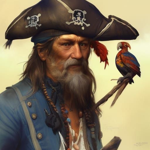 portrait of old pirate with parrot on shoulder. 
 false