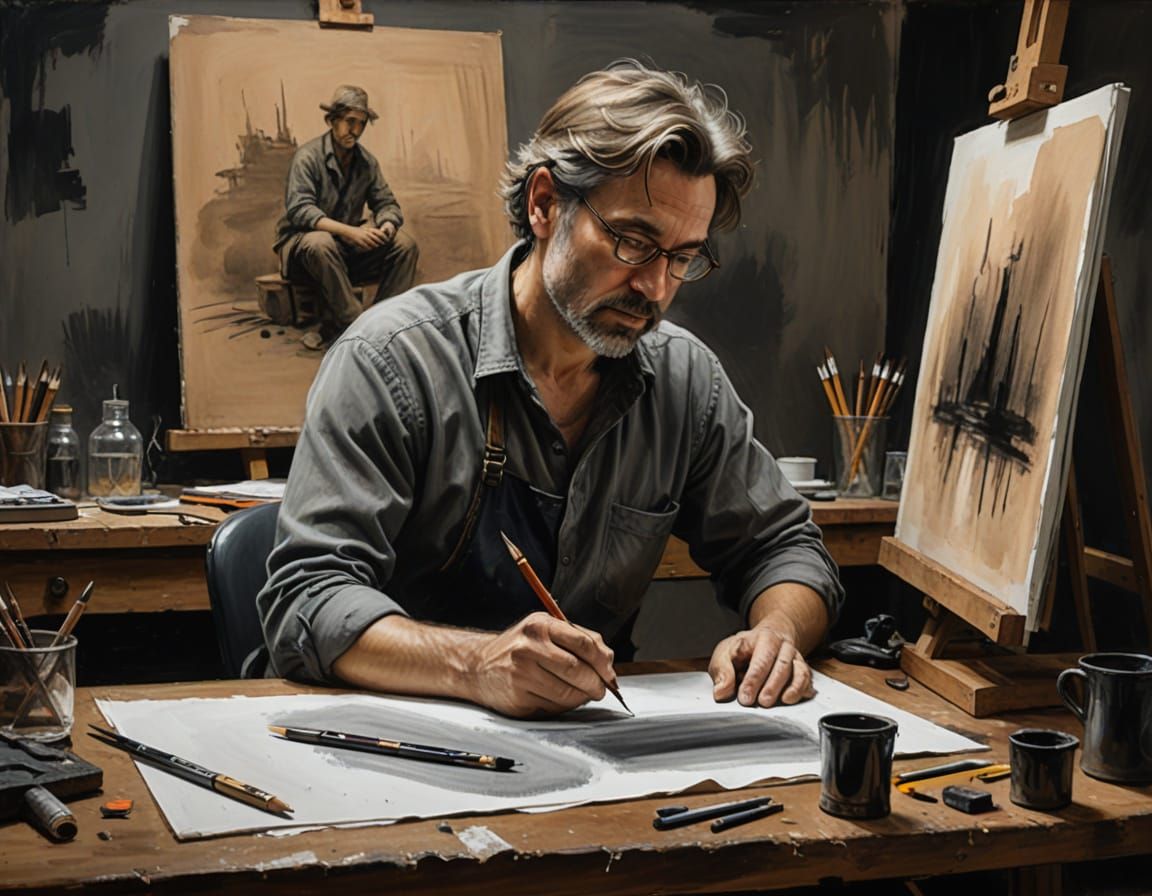 Oil Panting of an artist drawing with charcoal.  by @Josh