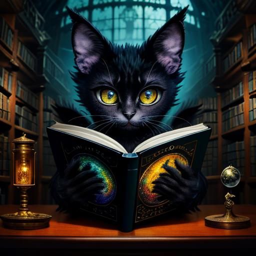 Alien lykoi cat reading book in cosmic library - AI Generated Artwork ...