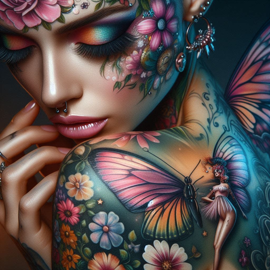 Flowers, Fairy, and Butterfly Tattoos