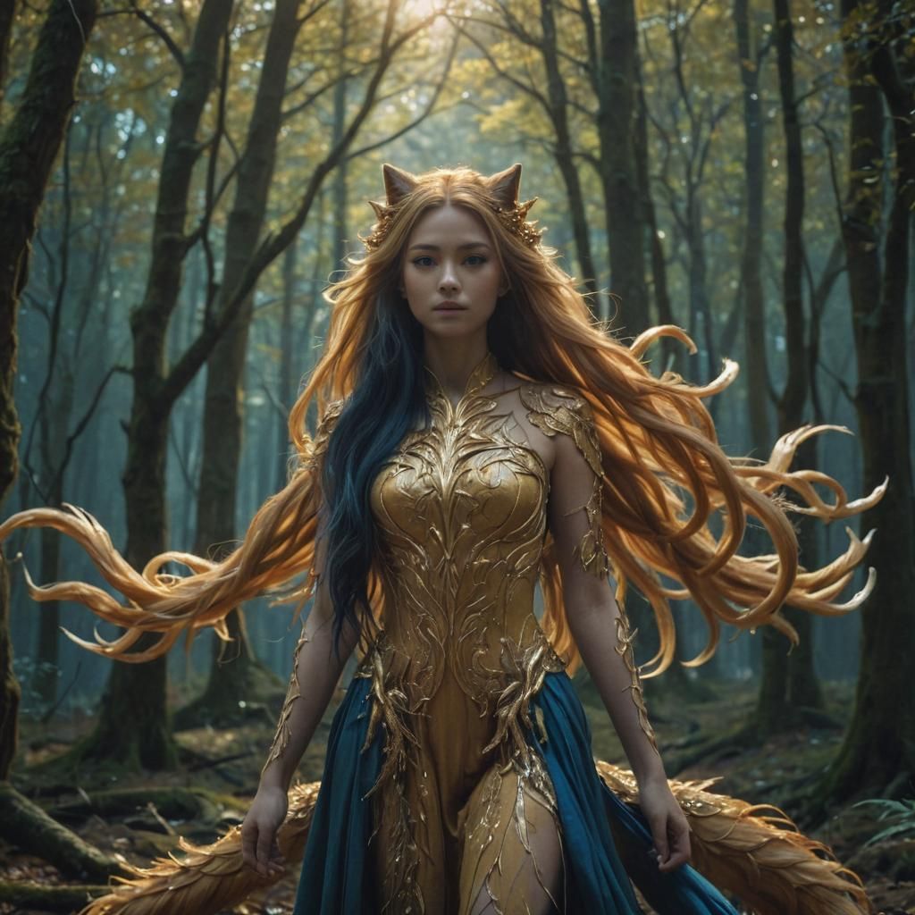 Mystical Nine-Tailed Fox Girl in Golden Light