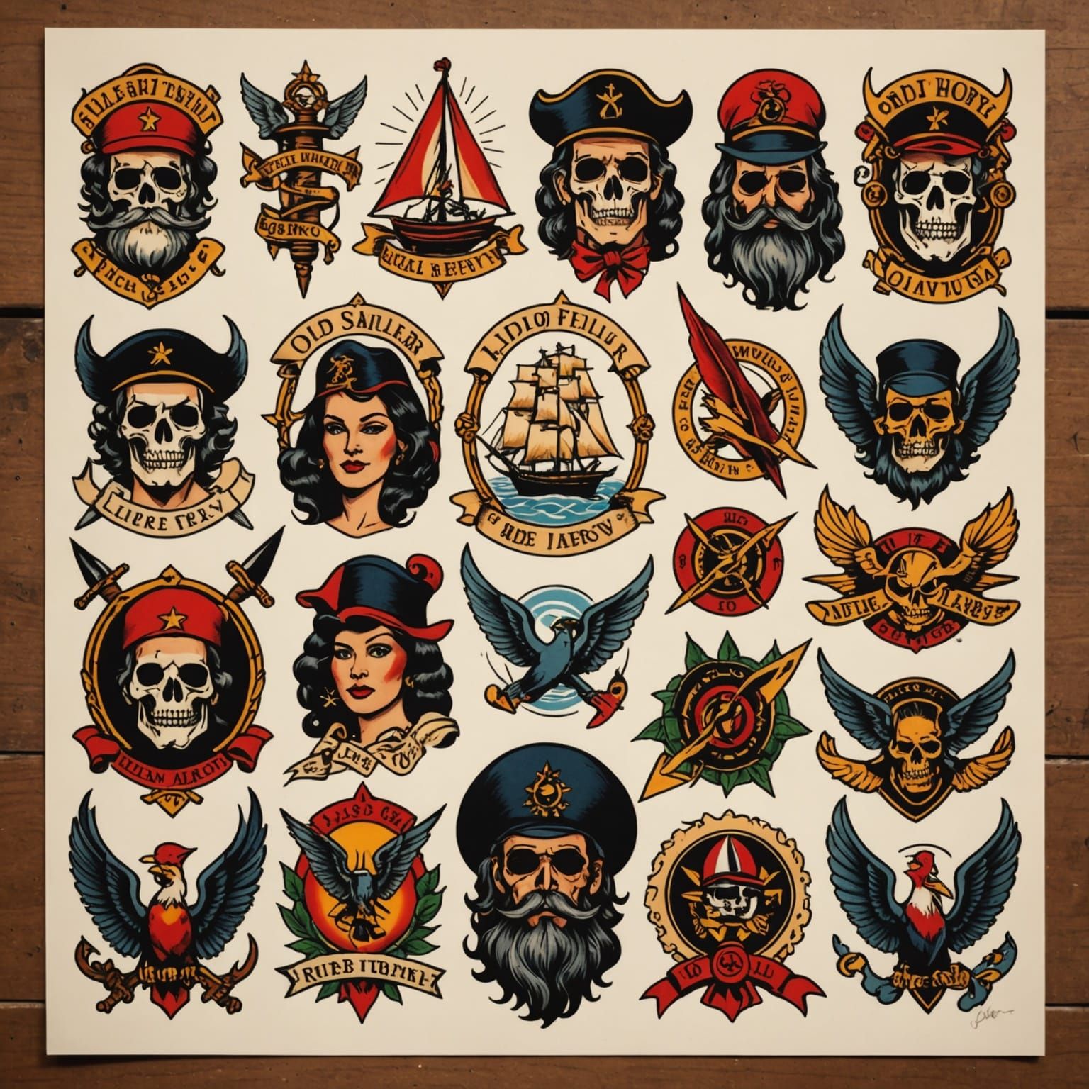 A flash tattoo sheet featuring a collection of old sailor Jerry style tattoos   by @Markeeta Reeves