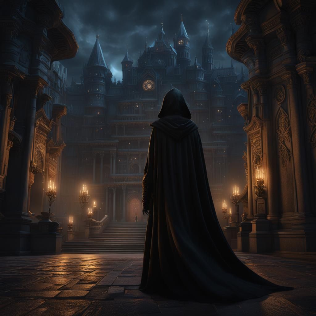 Alara Paligan in a black hooded cape is hiding in the shadow of the Gareth palace at a dark night  by @undefined