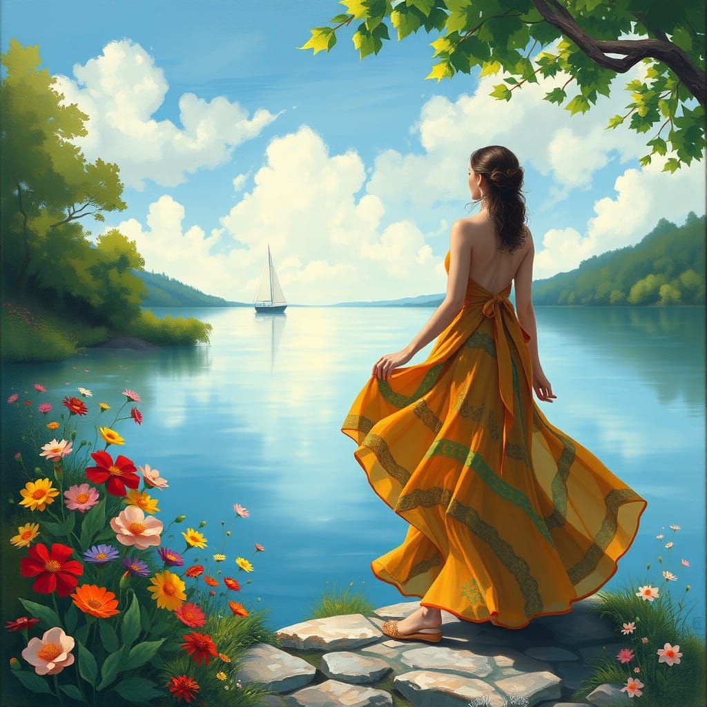 Dreamy Lake Scene in Whimsical Folk Art Style