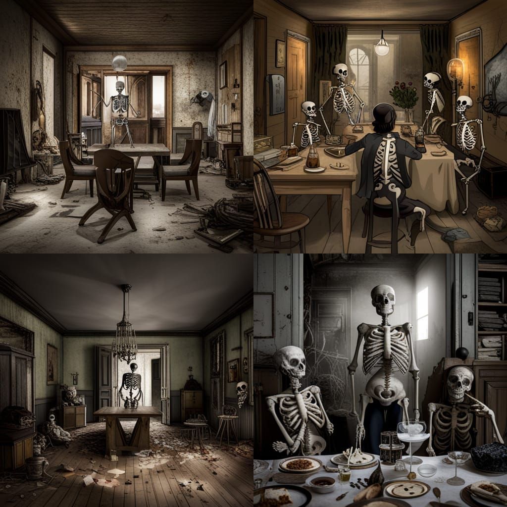 Skeleton party in a creepy abandoned house