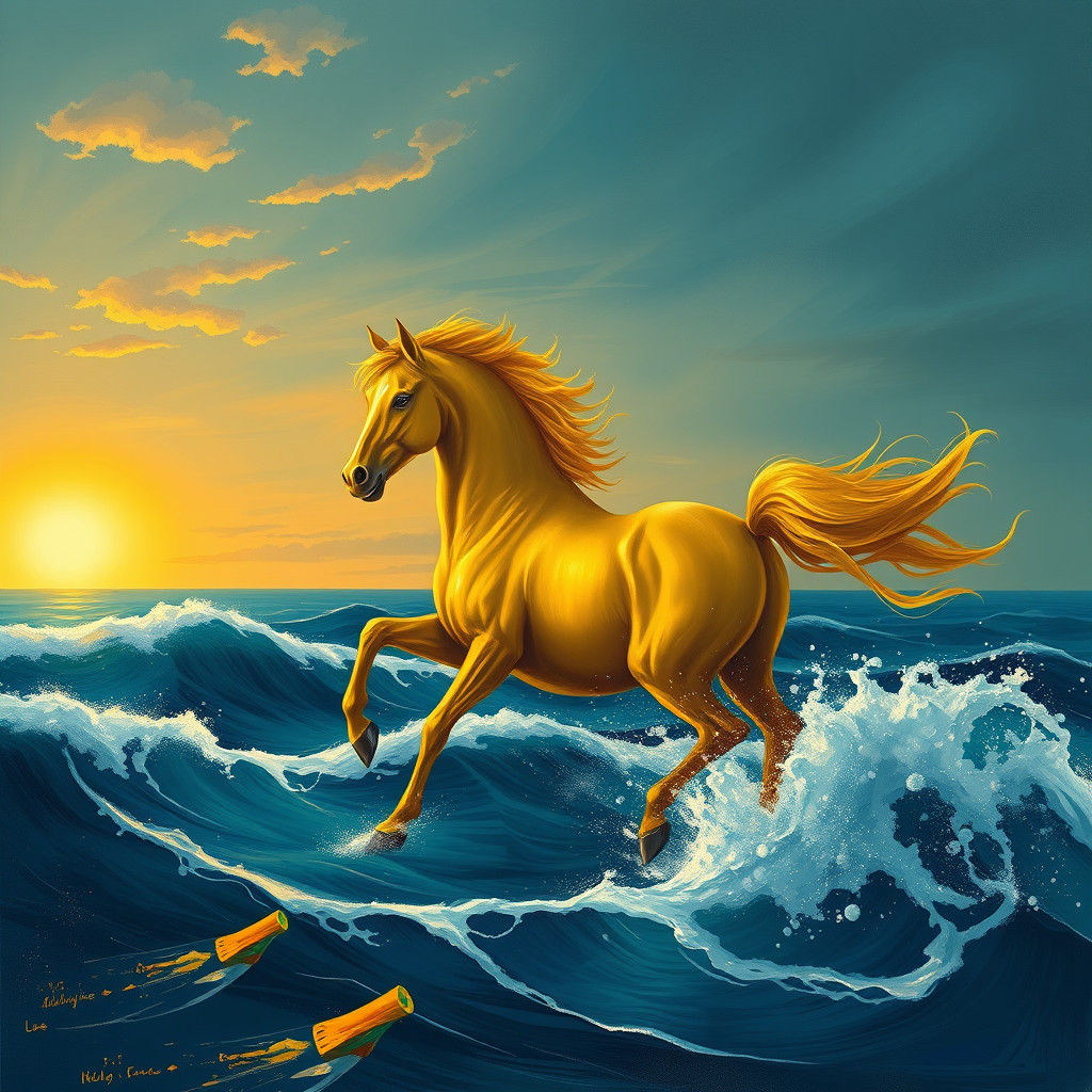 Golden Horse Galloping Through Ocean at Sunset