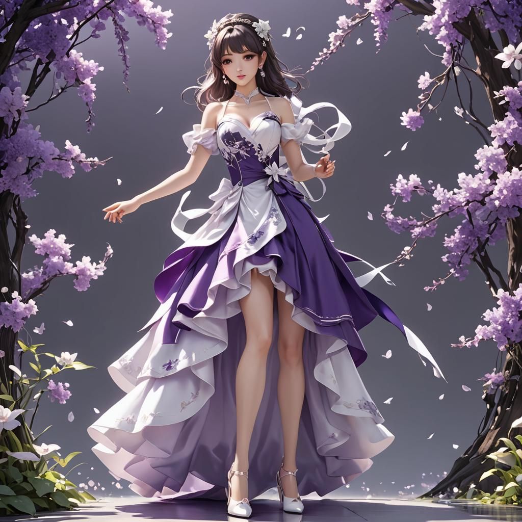 Create beautiful and stunning woman dressed in purple and wh...