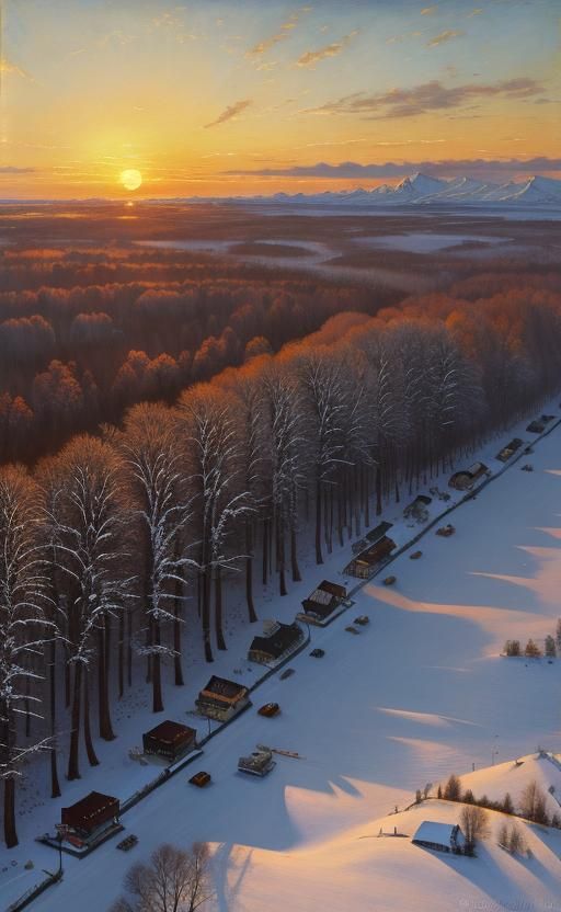 Oil painting of a sunrise on a cold winters morning
